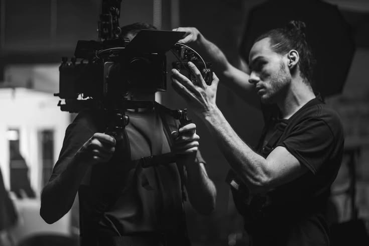 Camarógrafo ajustando una cámara de cine en set